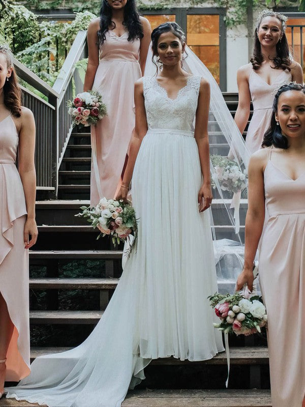 Exquisite A-Line V-Neck Backless Chiffon Court Train Wedding Dresses with Ribbon