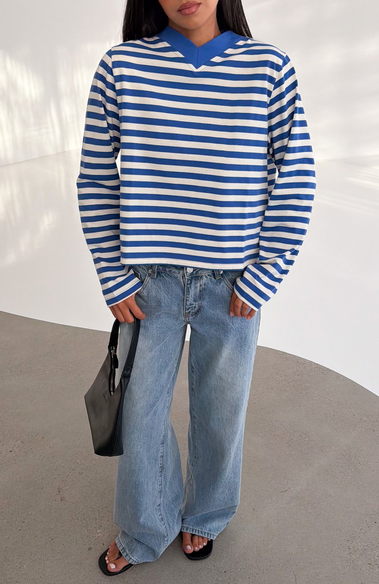 Cozy State Long Sleeve V Neck Tee Cobalt/Off White Stripe