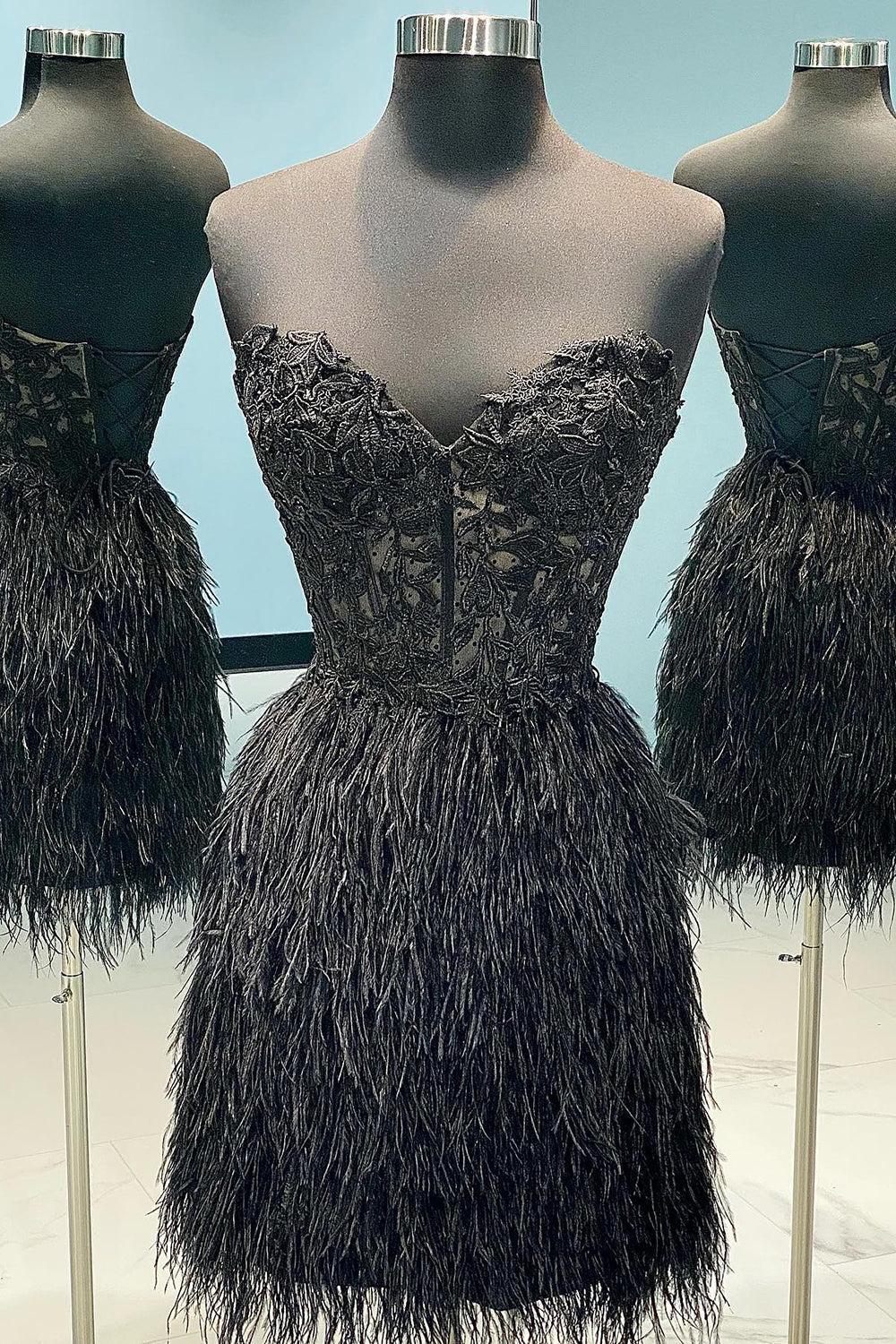 Black Lace Tight Short Homecoming Dress/Mini Dress with Feathers