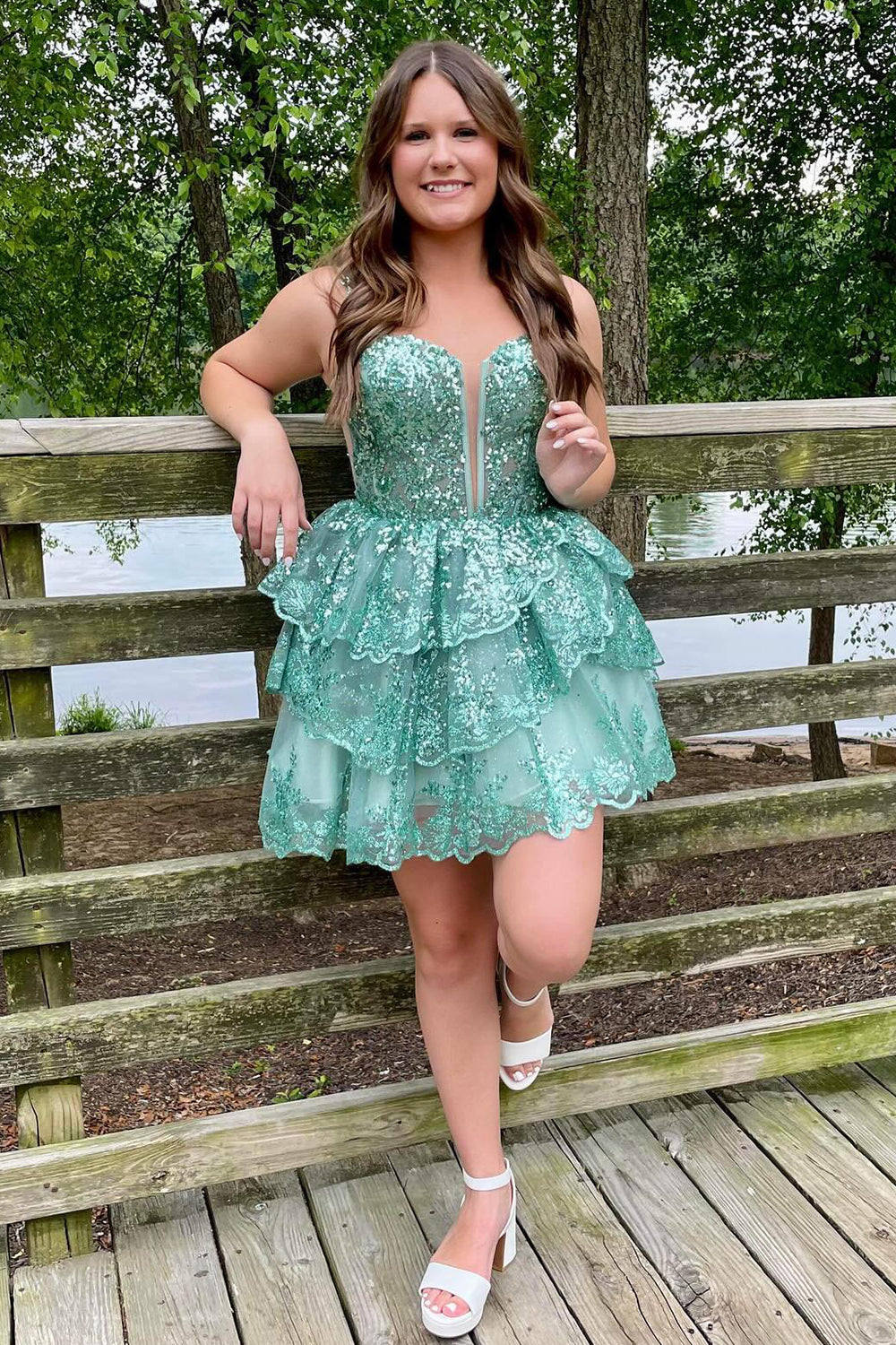 Sparkly Green Sequins Corset Short Homecoming Dress/Mini Dress With Ruffles