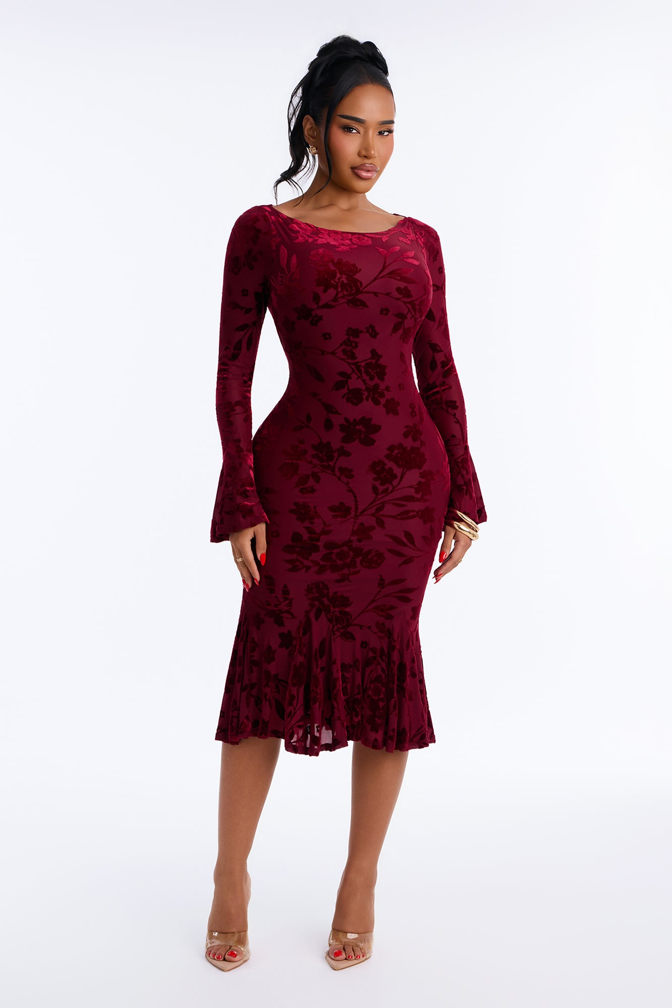 Forrest Flocked Pleated Midi Dress - Wine