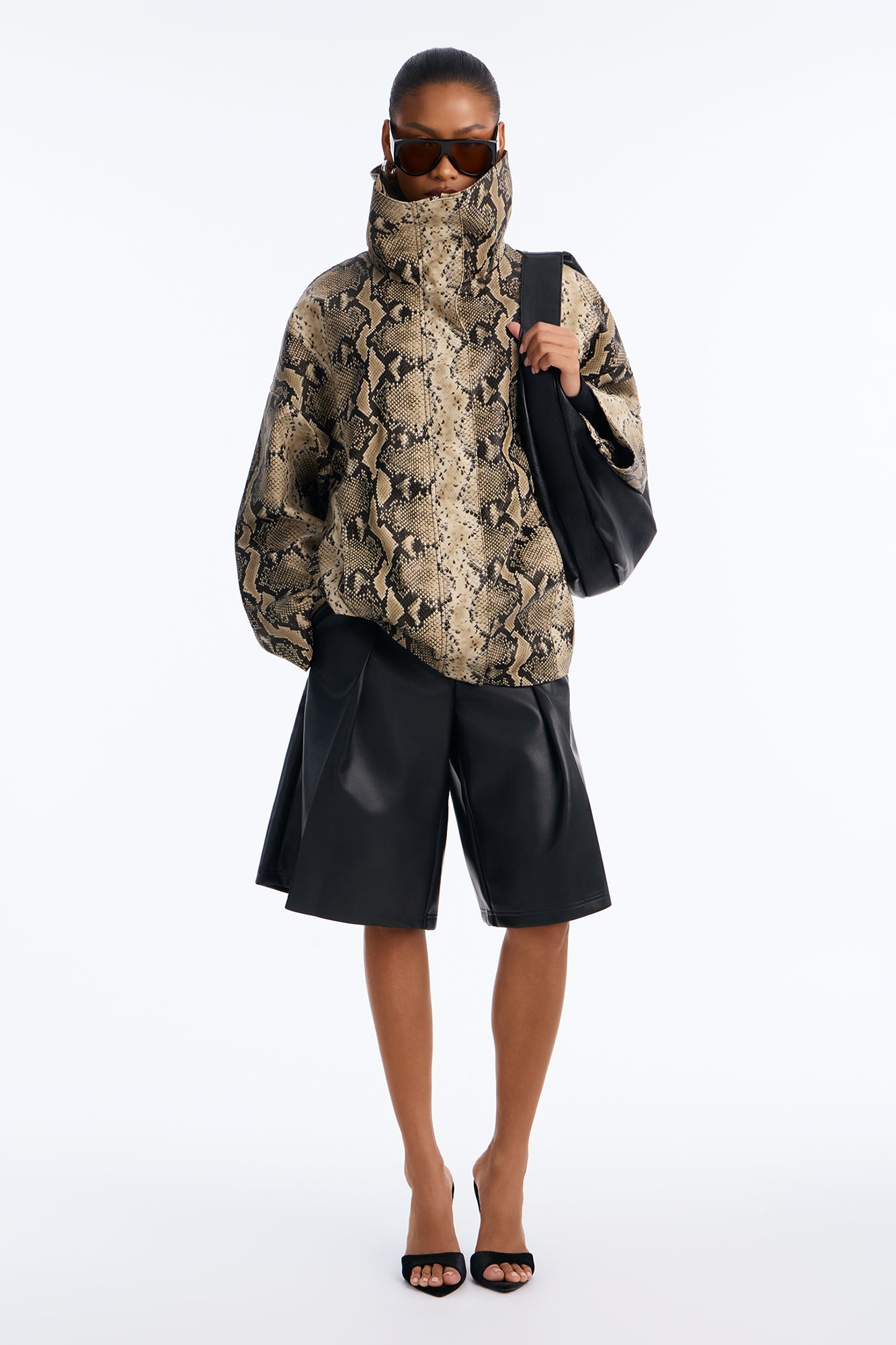 Under The Radar Faux Leather Funnel Neck Coat - Taupe/combo