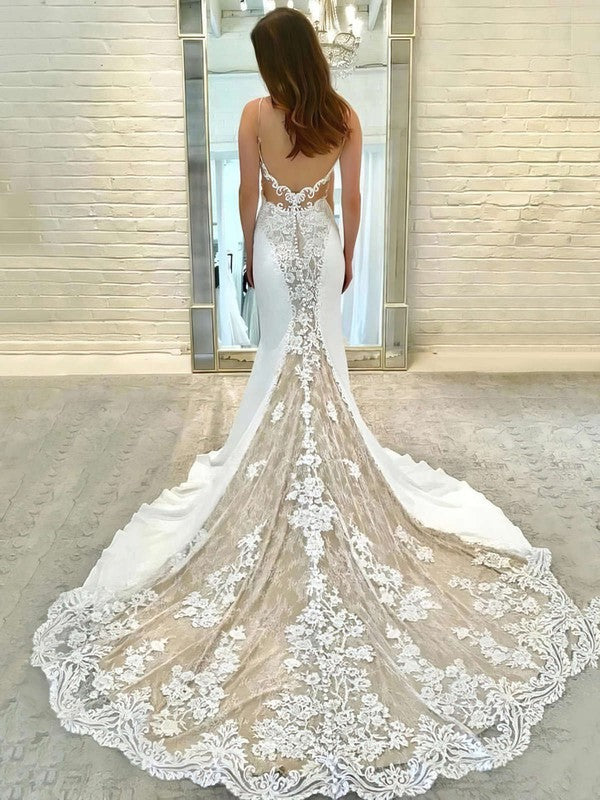 Elegant Trumpet Sweetheart Sleeveless Lace Stretch Satin Chapel Train Wedding Dresses