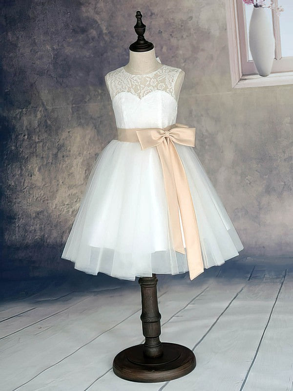 Fashionable A-Line Lace Tulle Flower Girl Dresses with Sash