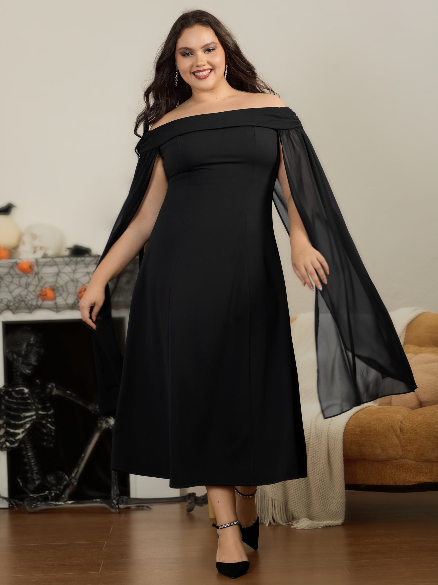 Off‑Shoulder Sheer Cape Sleeve Maxi Dress