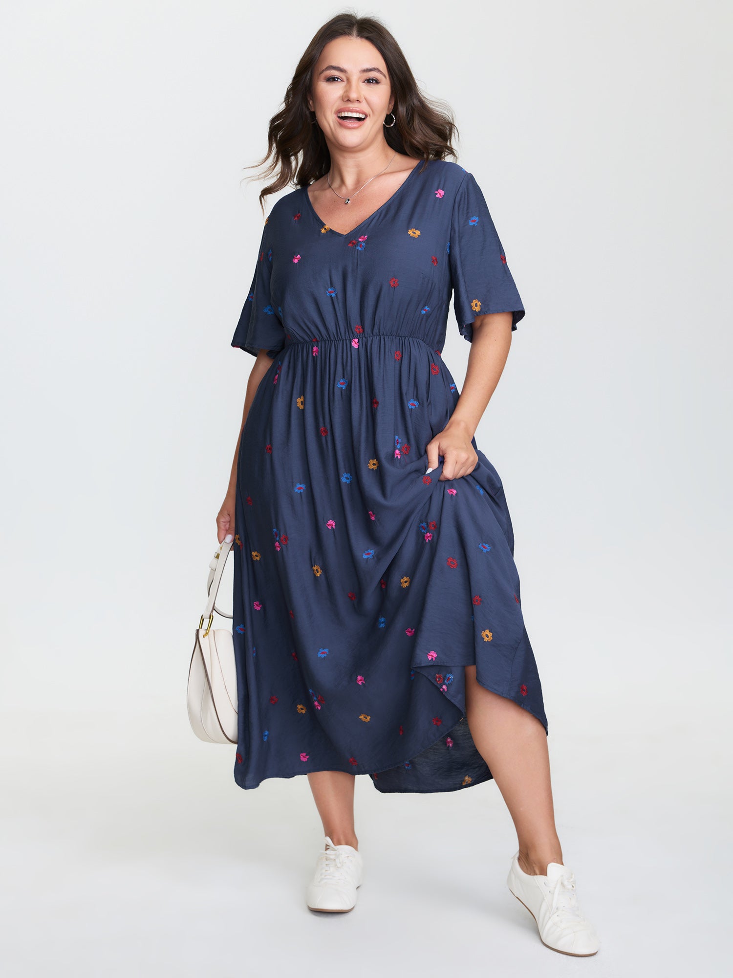 Colorful Floral Embroidery V-Neck Midi Dress