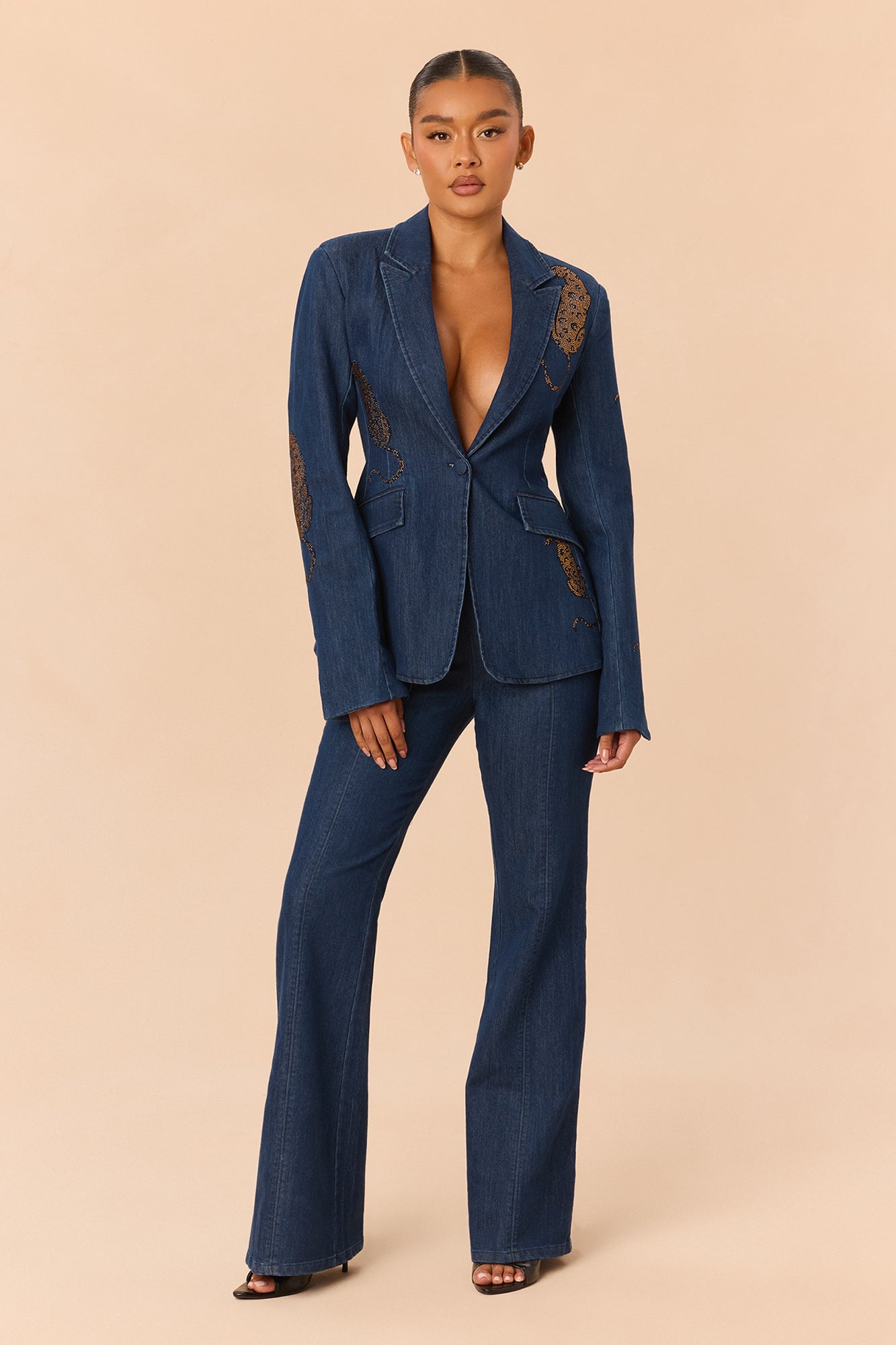 Niyah Embellished Denim Pant Set - Dark Denim