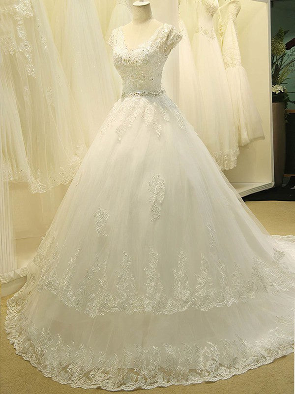 Fabulous V-Neck Lace Court Train Wedding Dresses with Beads