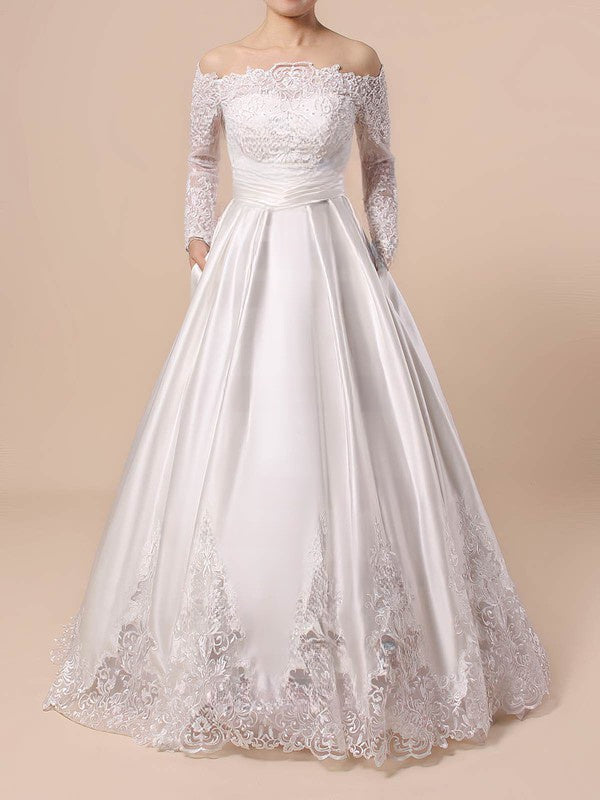 Gorgeous Off-The-Shoulder Long Sleeves Satin Lace Ball Gown Wedding Dresses with Pockets