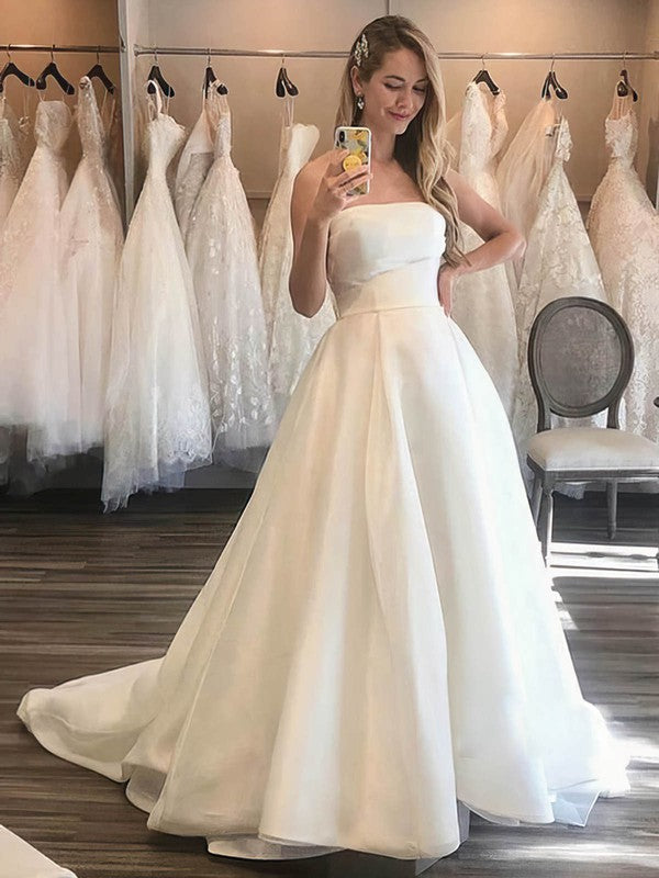 Gorgeous Strapless Satin Court Train Ball Gown Wedding Dresses
