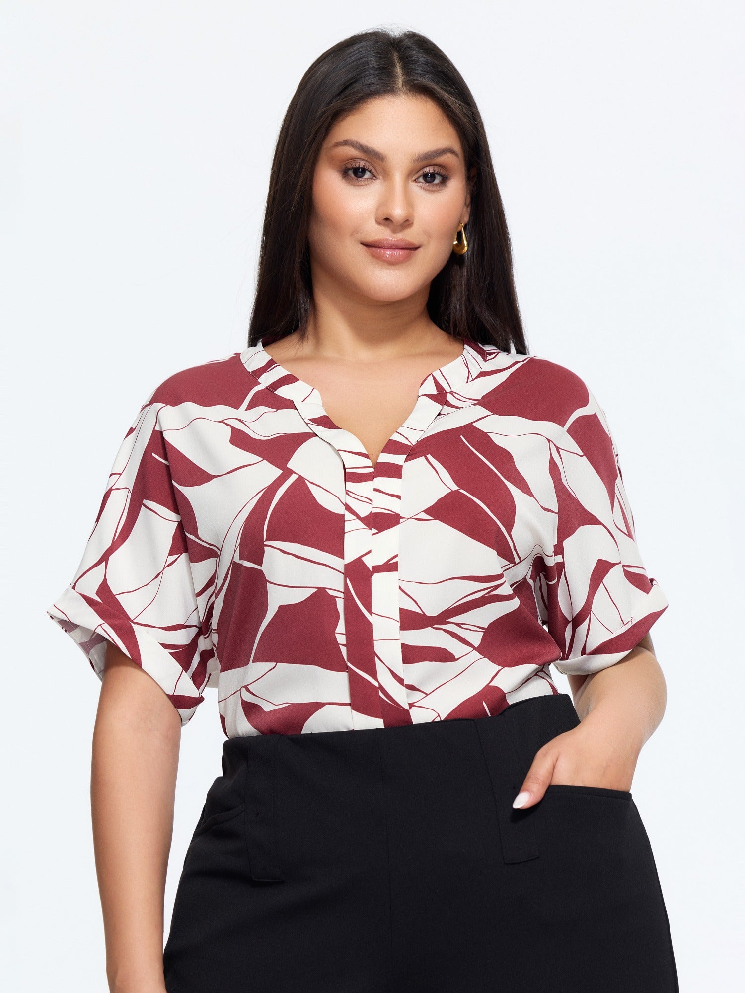 Abstract Geometric Print V Neck Blouse