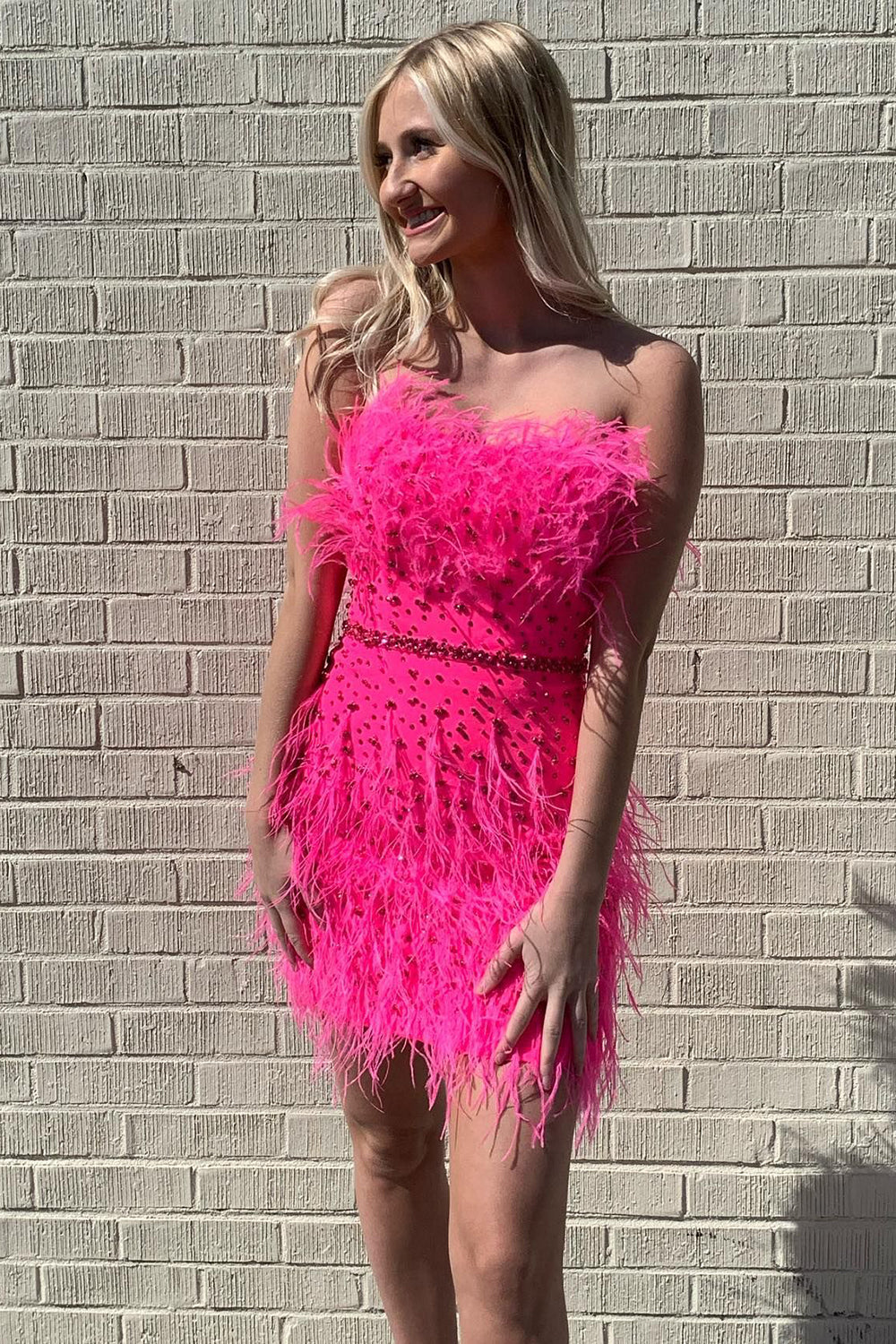 Sparkly Fuchsia Beaded Tight Short Homecoming Dress/Mini Dress with Feathers