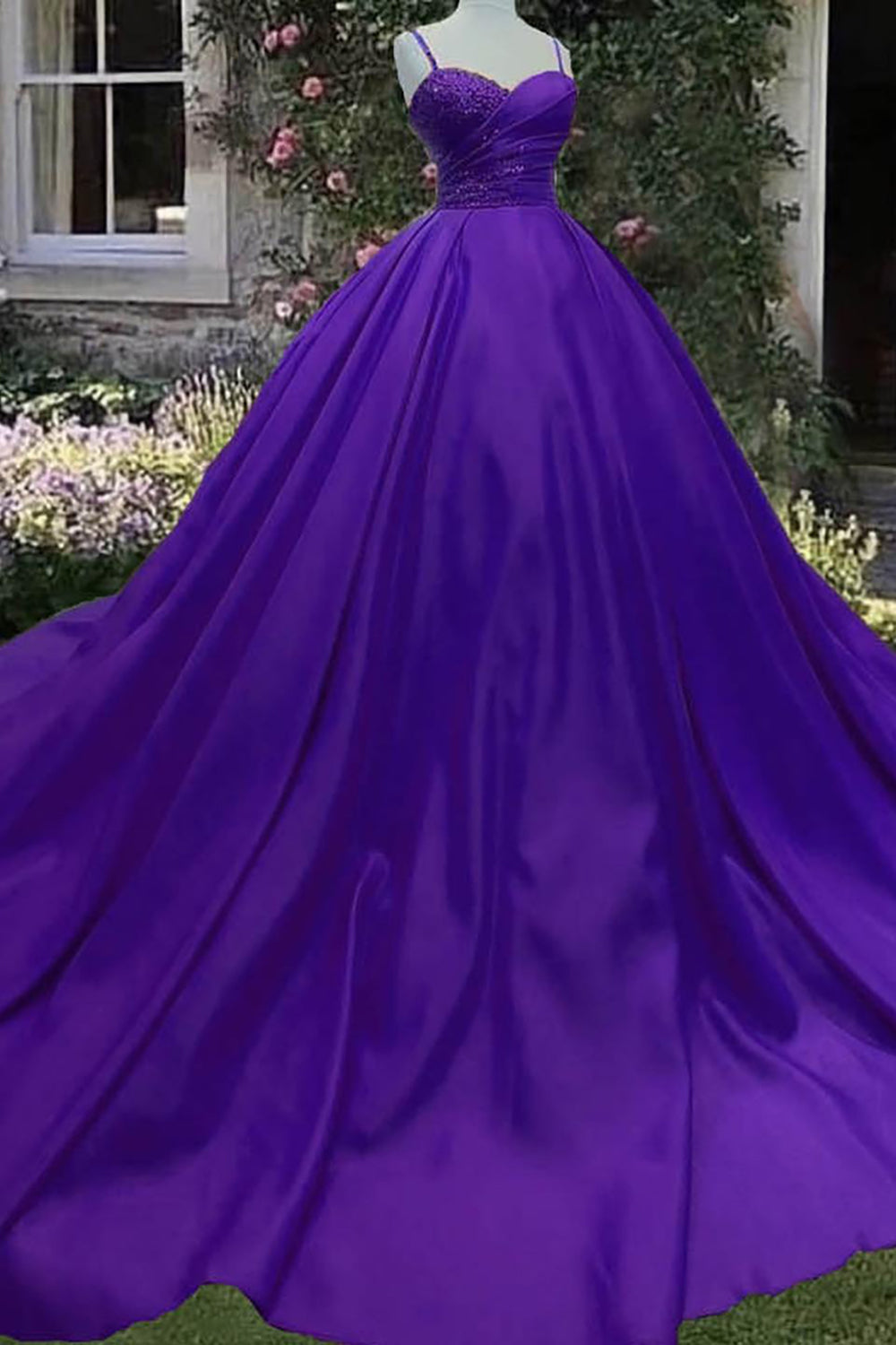 Long Satin Quinceanera Dress with Sparkly Purple Sequins for Princess