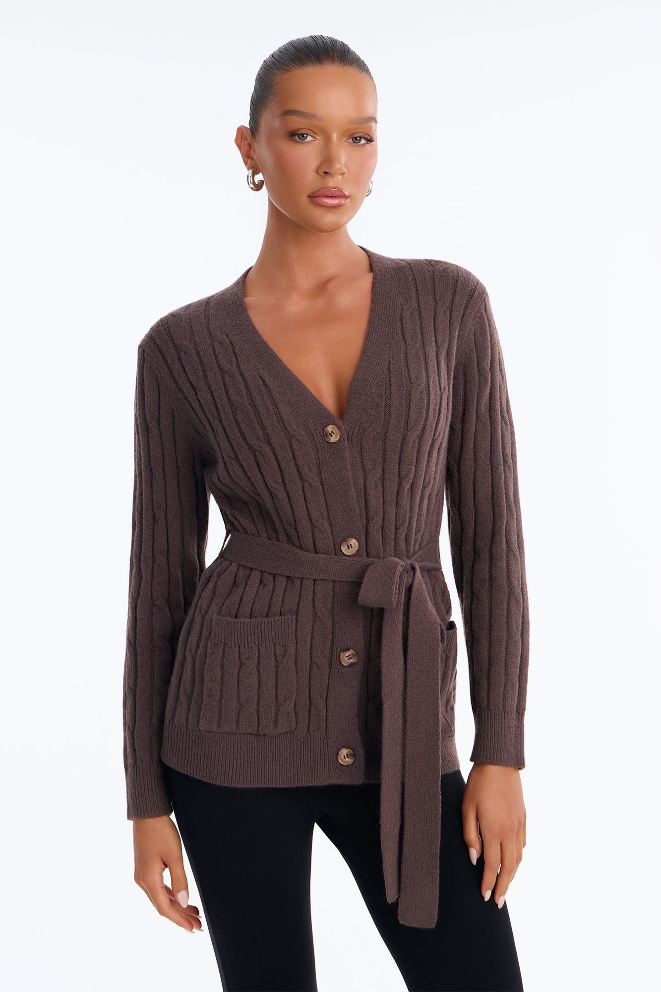 Morning Coffee Belted Button Up Cardigan - Brown