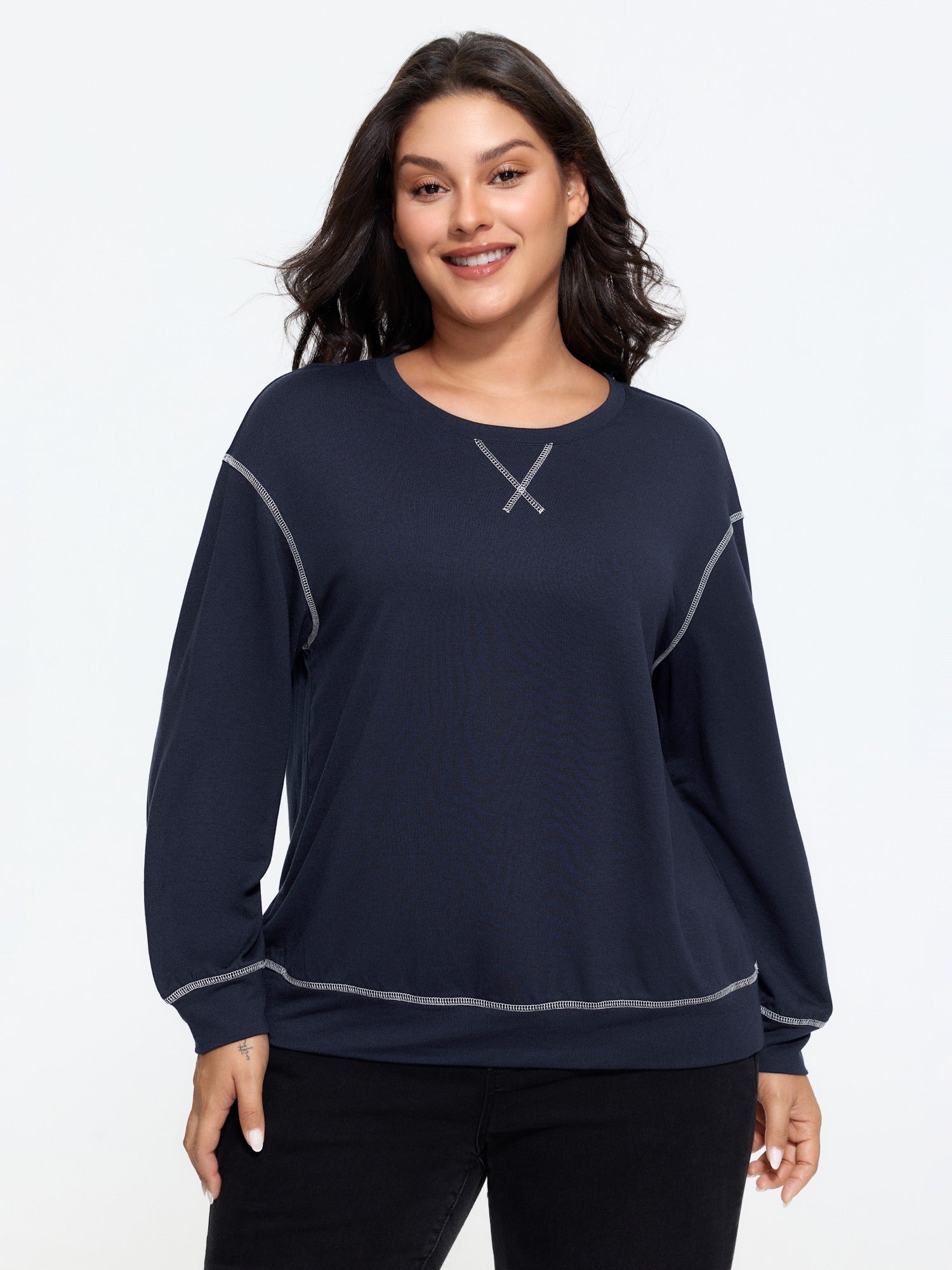 Supersoft Crew Neck Contrast Stitching Loose Fit Sweatshirt
