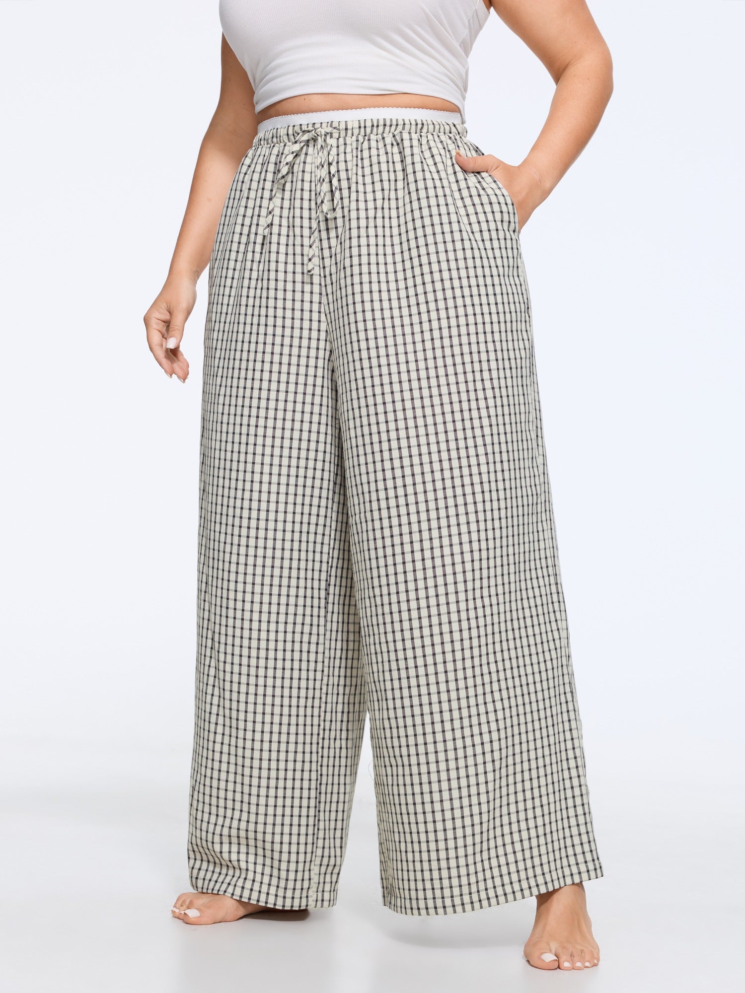 Anti-Wrinkle Gingham Contrast Spliced Waist Lounge Bottoms