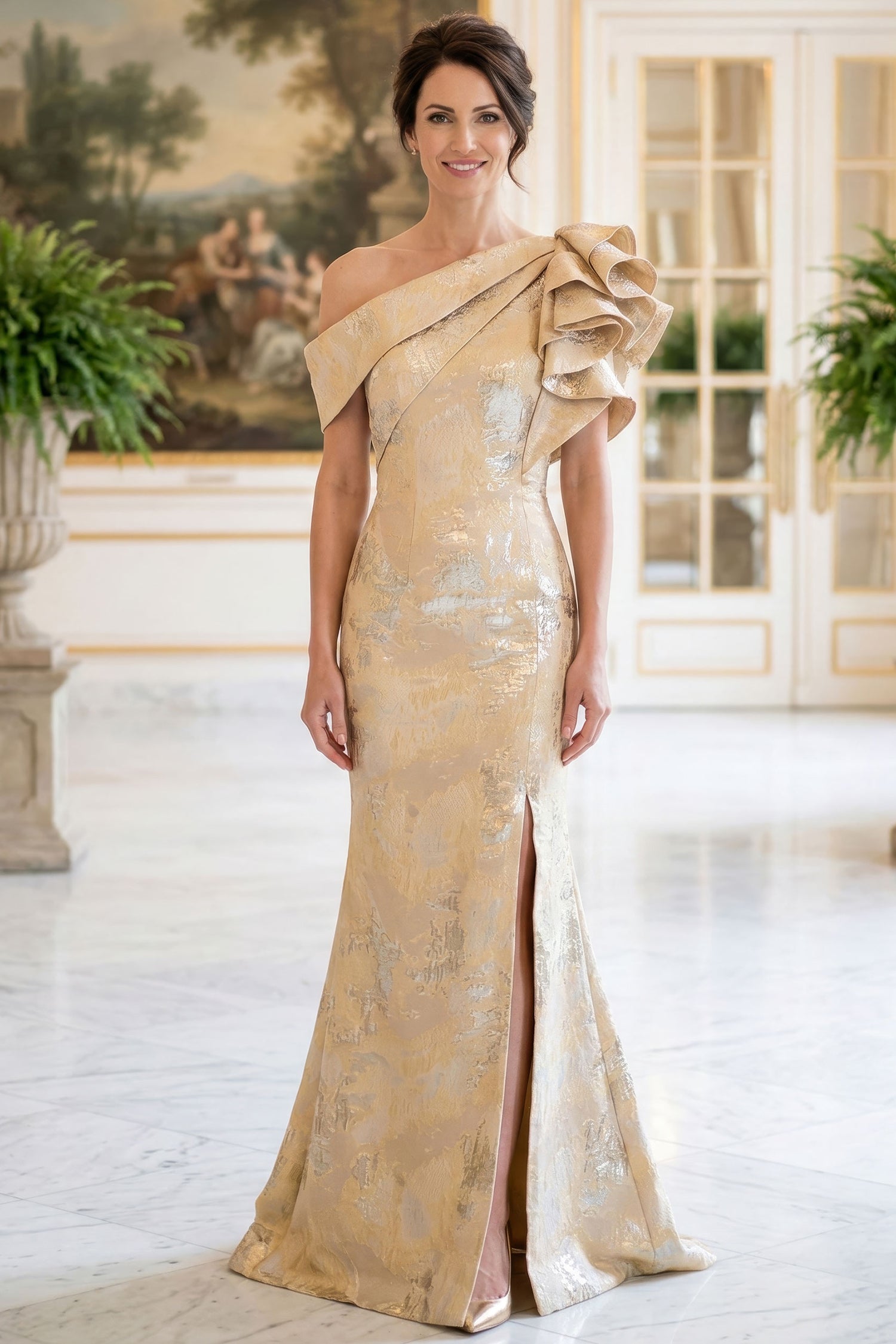 MGNY By Mori Lee 2070052 - Asymmetric Neck Ruffle Sleeve Evening Gown