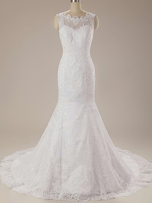 Elegant Lace Appliques Sleeveless Backless Mermaid Court Train Wedding Dresses
