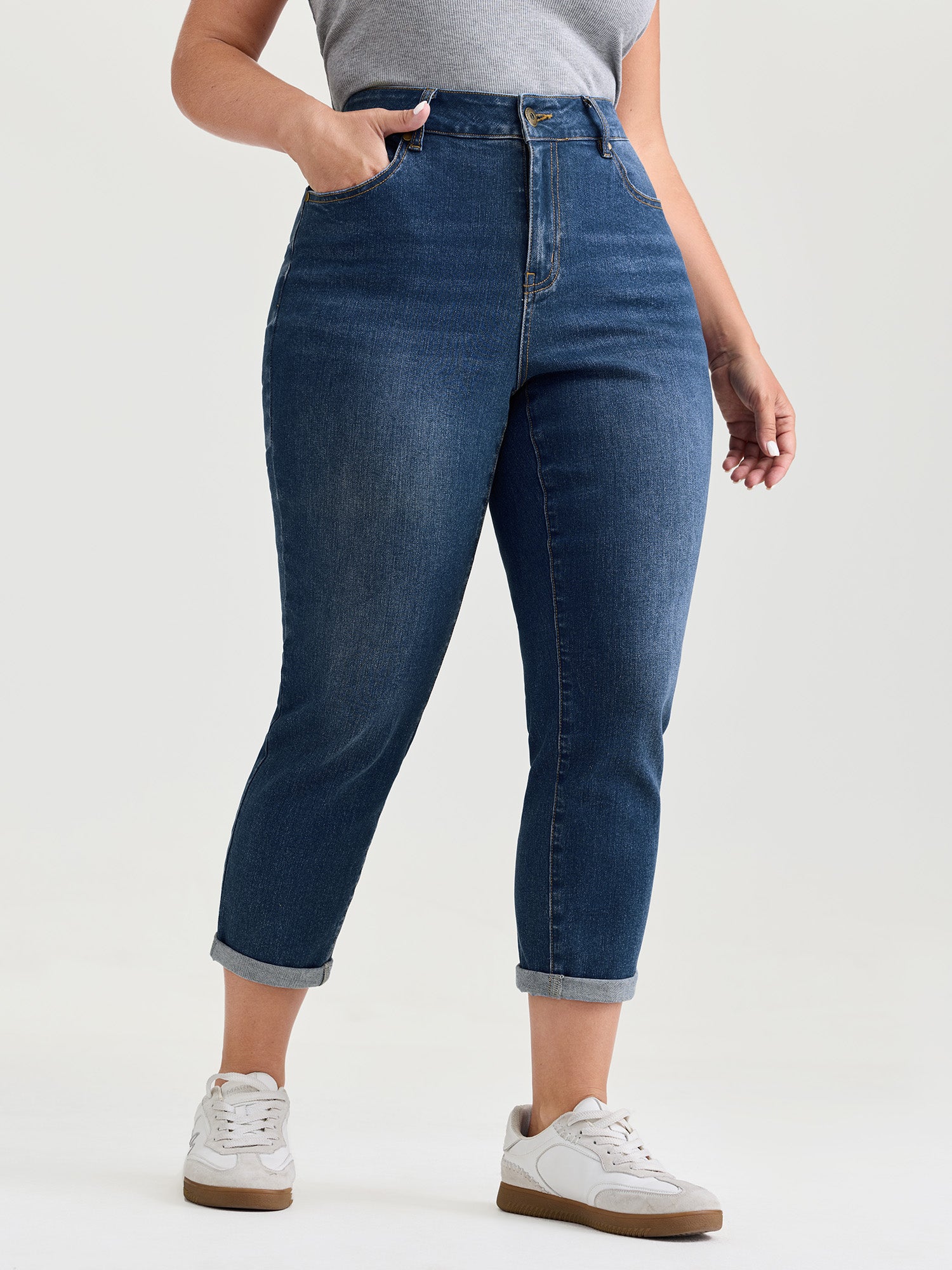 Stretchy High Rise Folded Hem Jeans