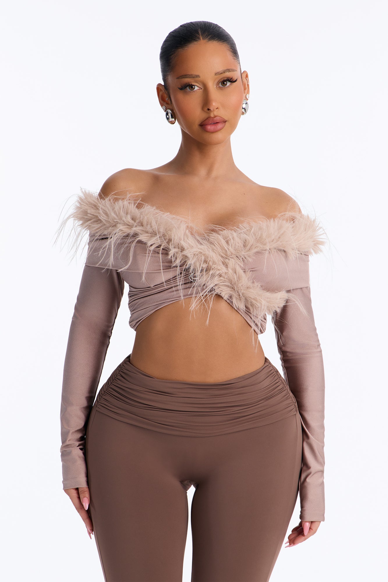 Trudy Faux Fur Off Shoulder Top - Mocha