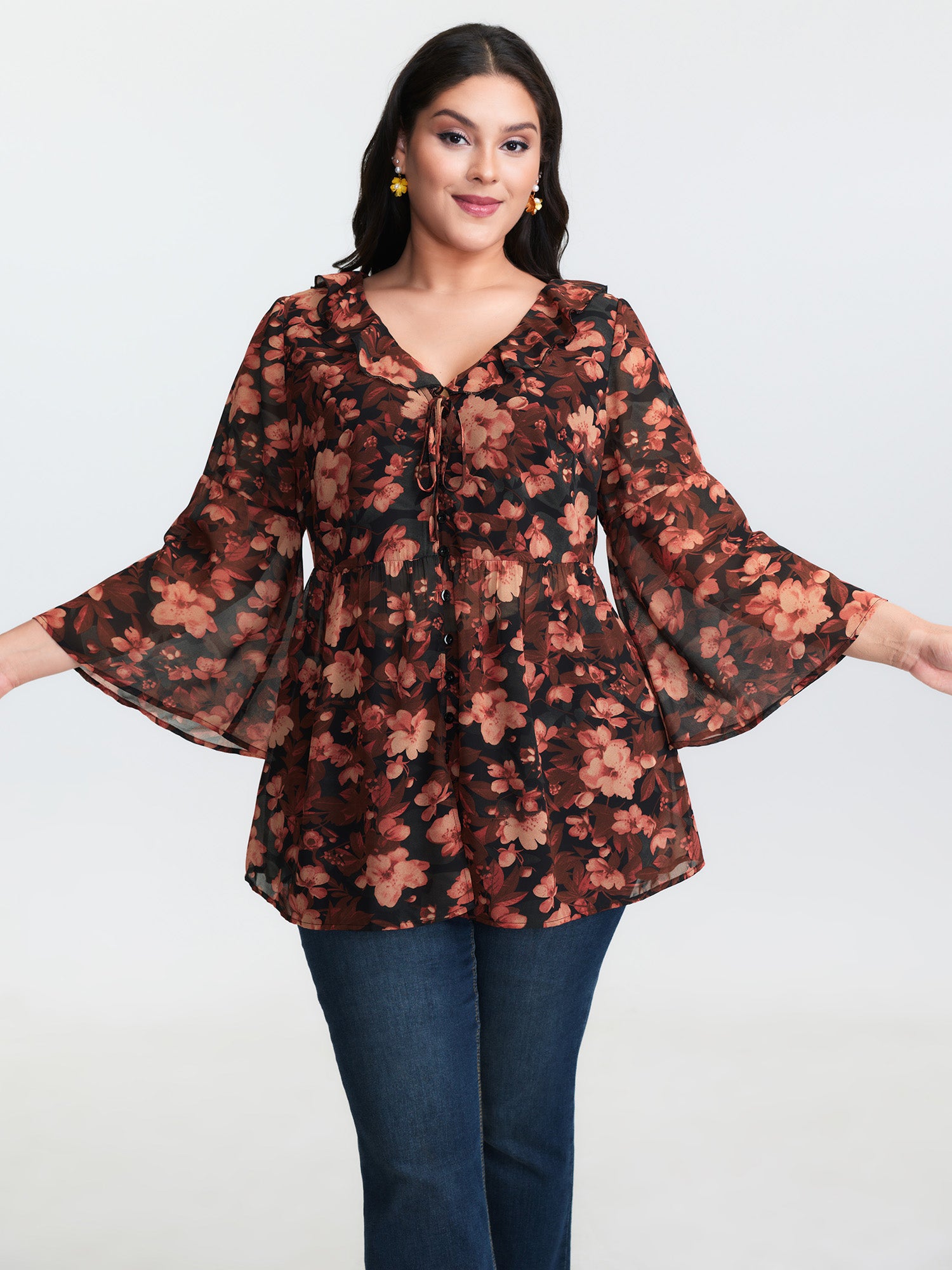 Floral Print Ruffled Neckline Blouse