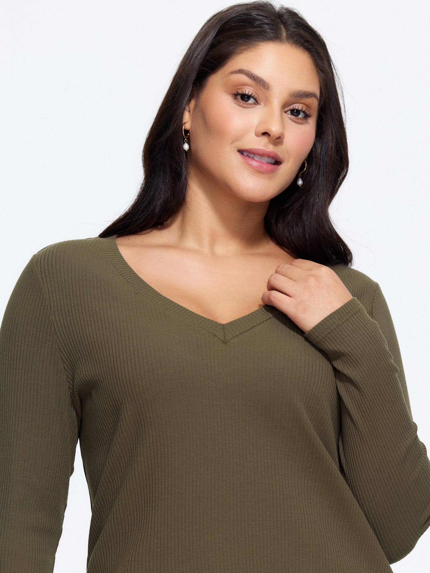 Cotton V‑Neck Long Sleeve T-Shirt
