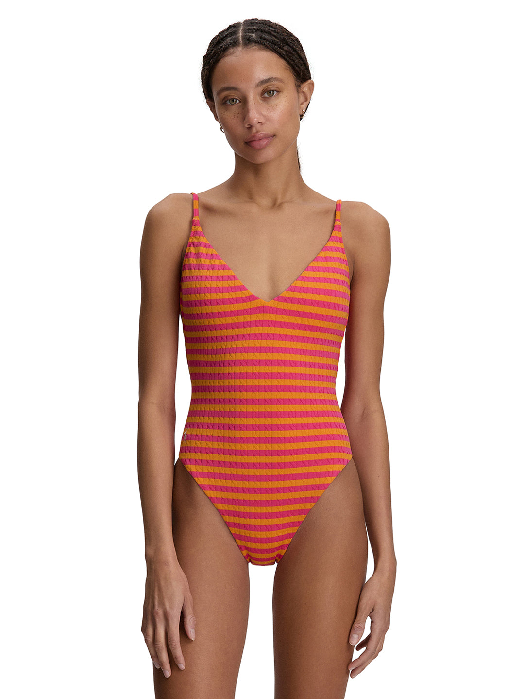 Polo Ralph Lauren Women's Cable Stripe V Neck One Piece Swimsuit