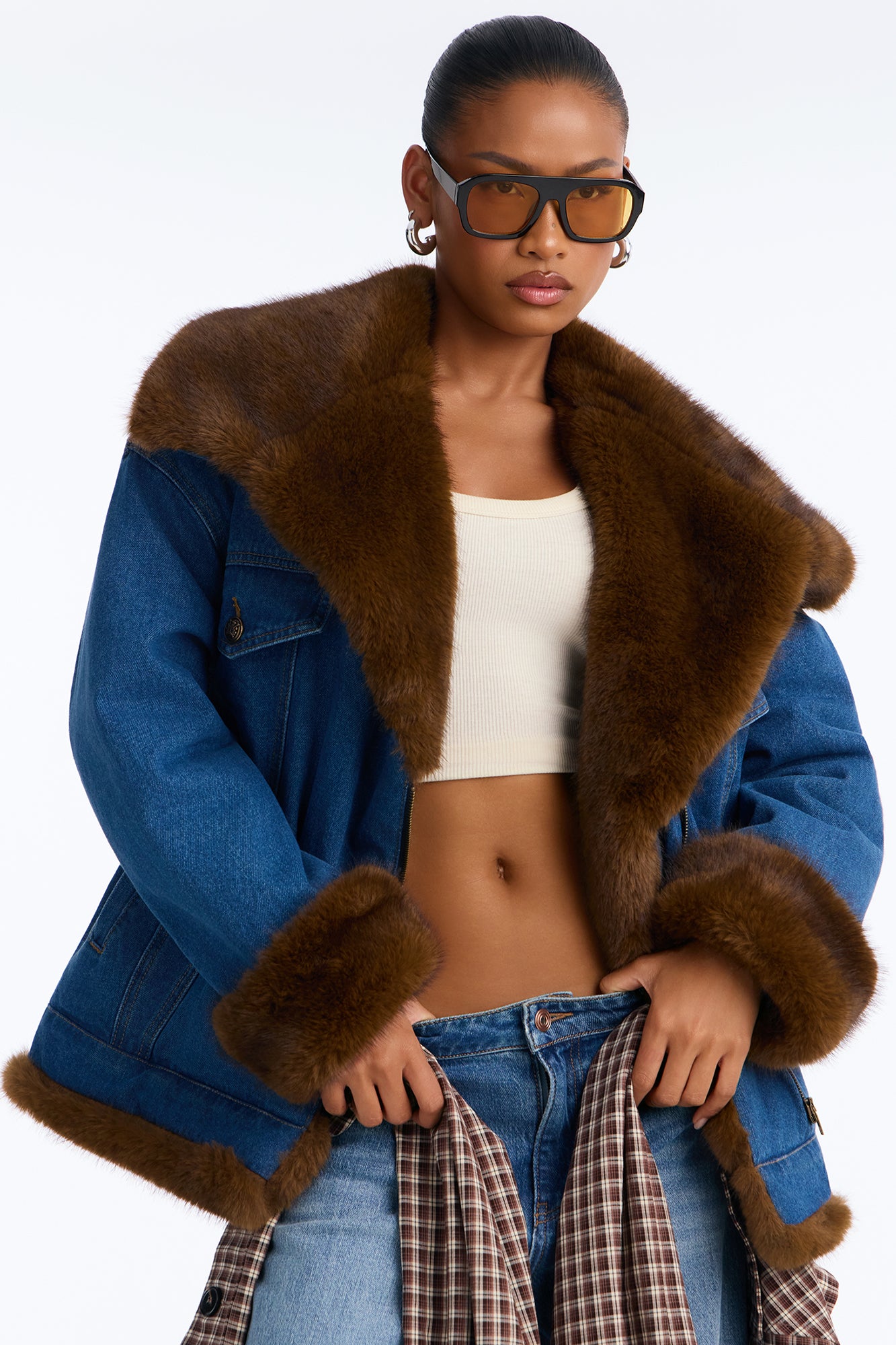 Jackson Faux Fur Trim Quilted Denim Jacket - Medium Wash