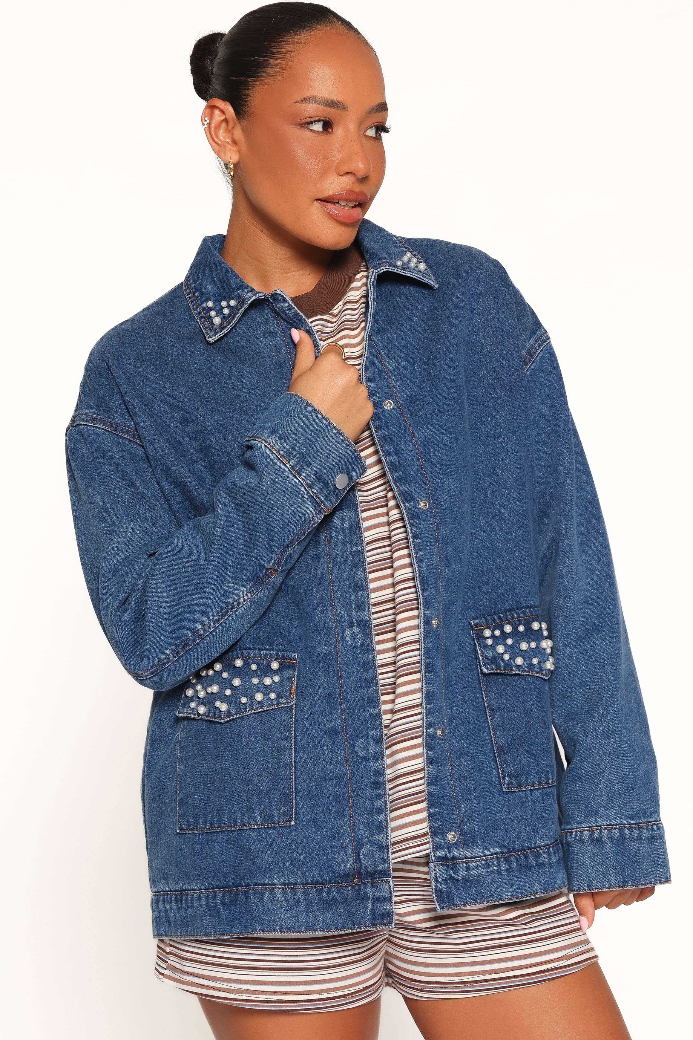 Mandie Pearl Trim Denim Shacket - Indigo