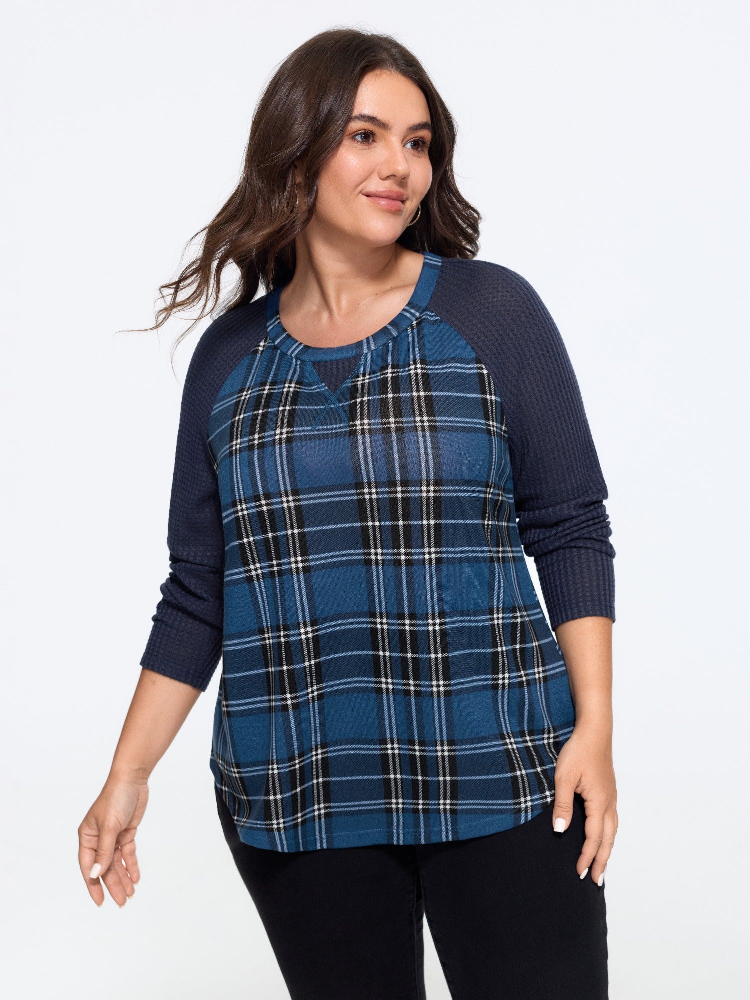 Stretchy Plaid Print Raglan Long Sleeve T-Shirt