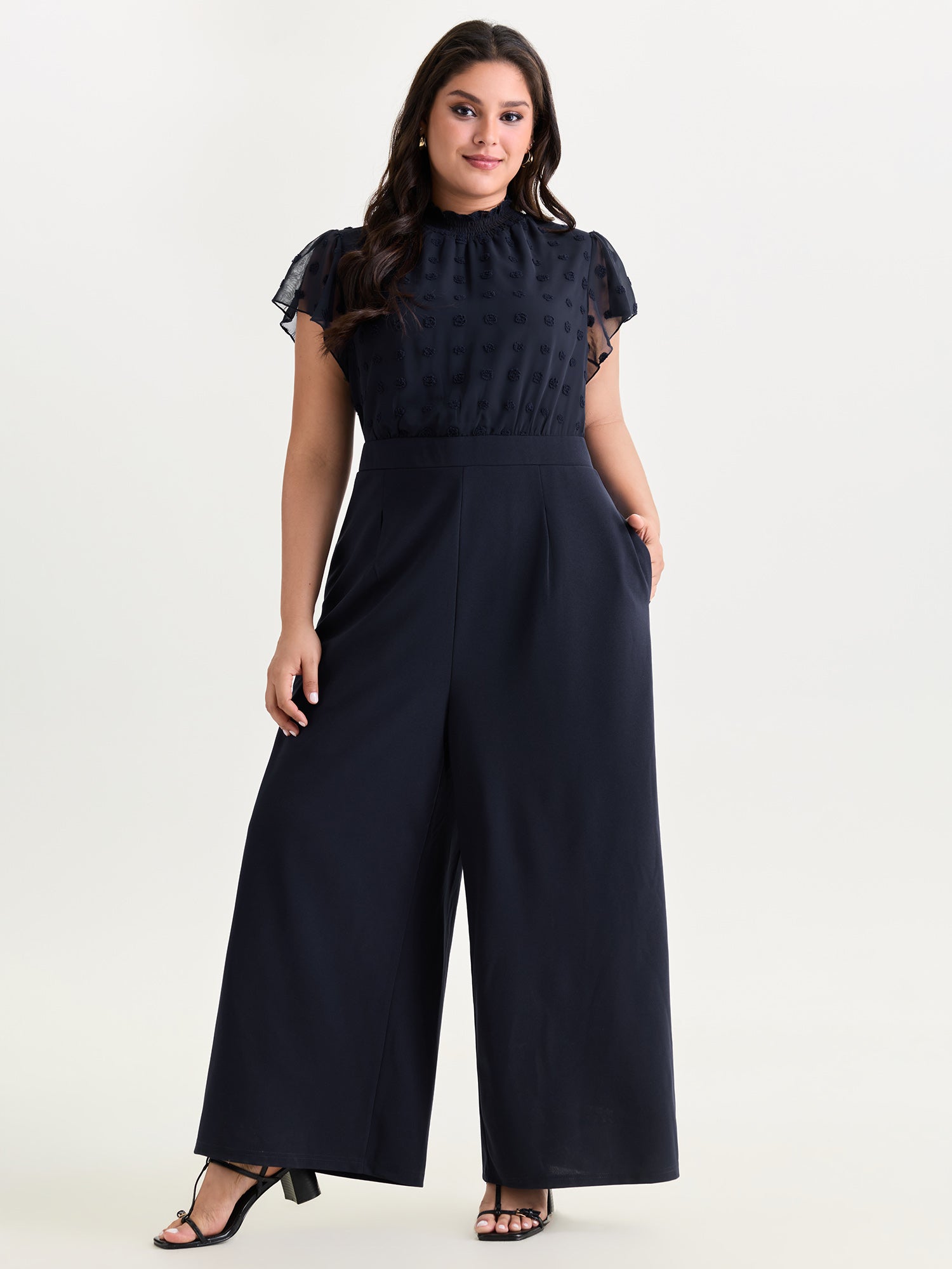 Textured Mock Neck Ruffled Sleeve Jumpsuit