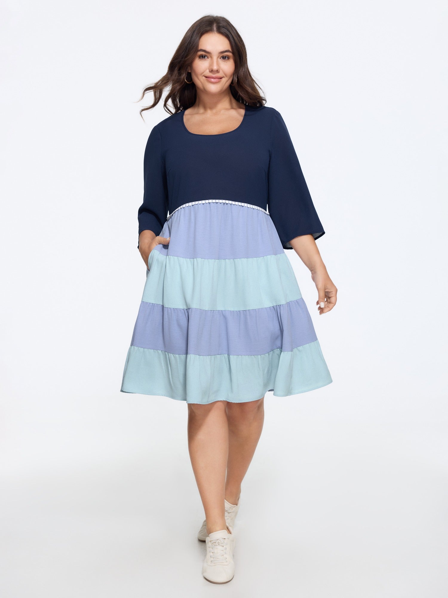 U Neck Color Block Tiered Mini Dress