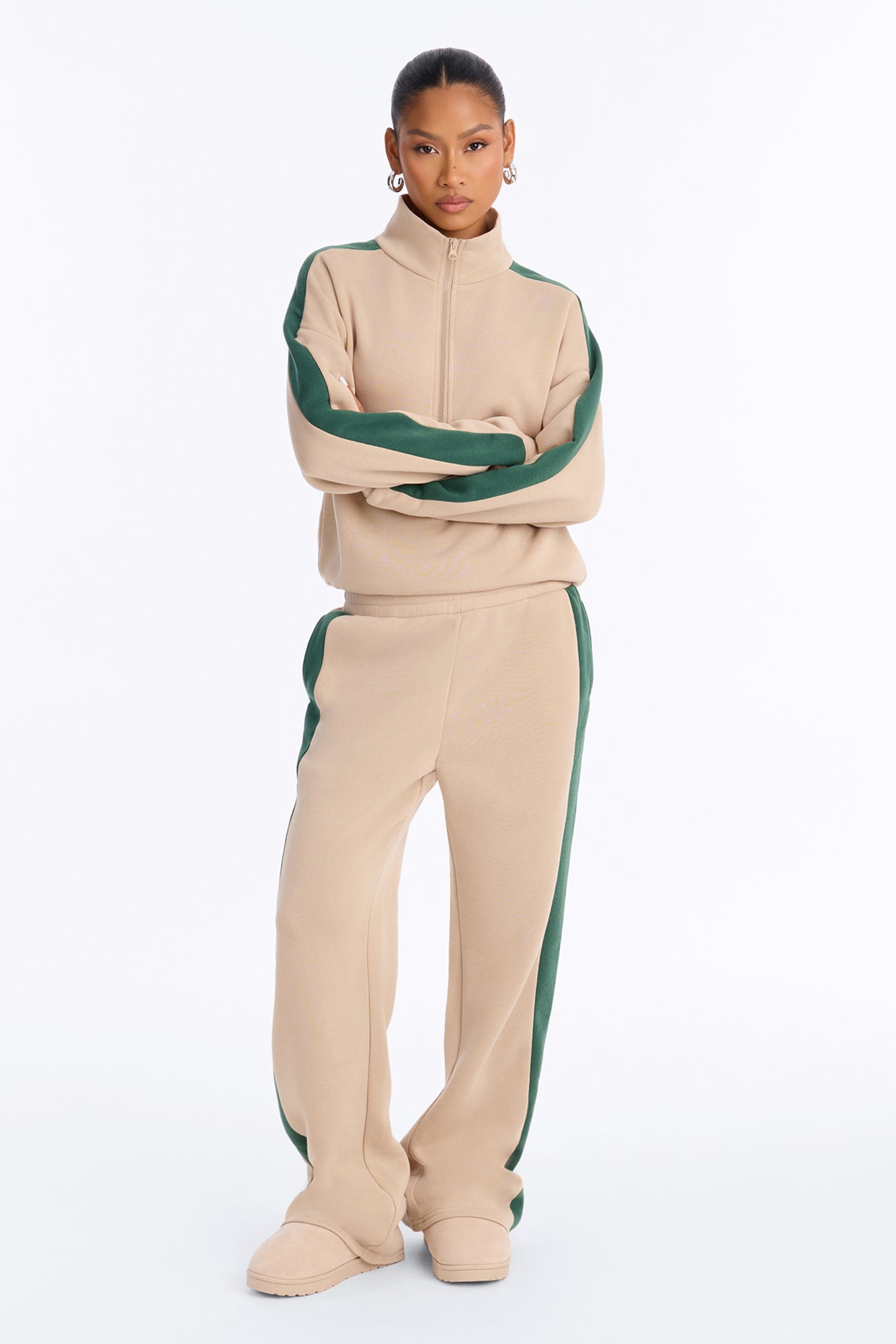 Jacqueline Quarter Zip Fleece Pant Set - Taupe/combo