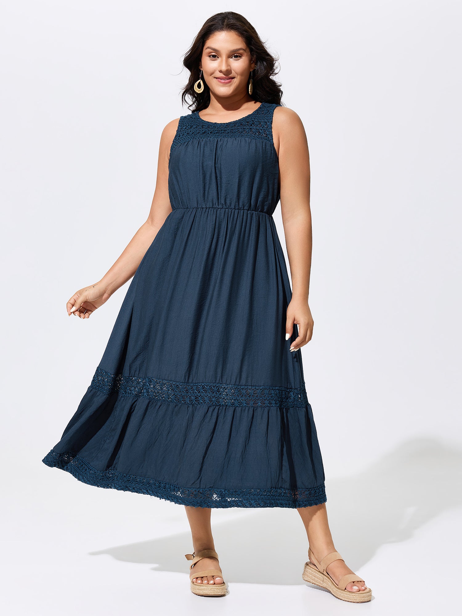 Lace Neckline Cut-Out Ruffled Hem Midi Dress