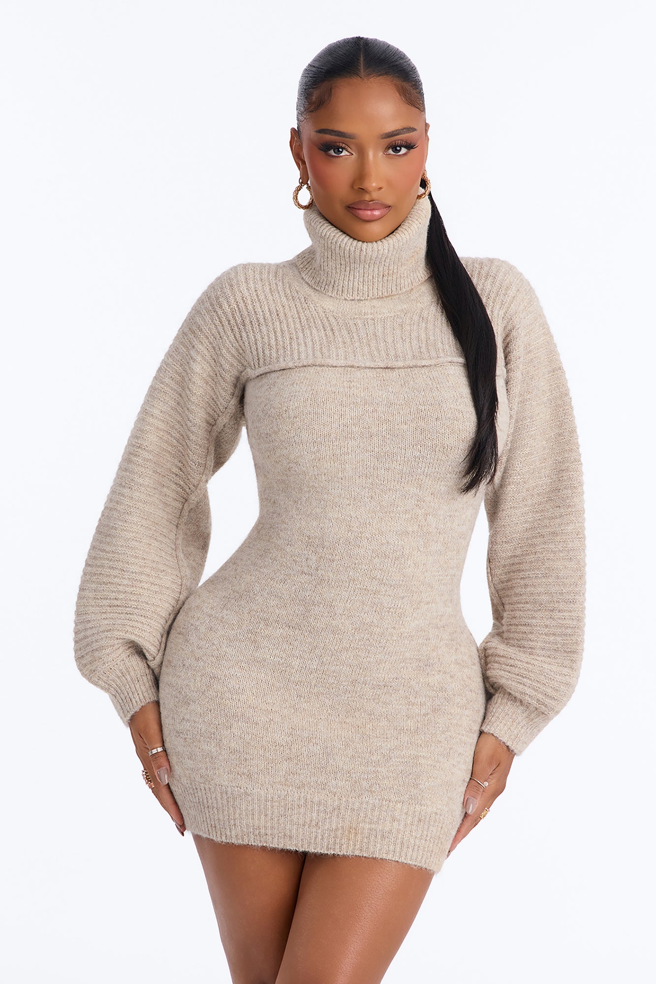 Soft Luxury Turtle Neck Sweater Mini Dress - Taupe