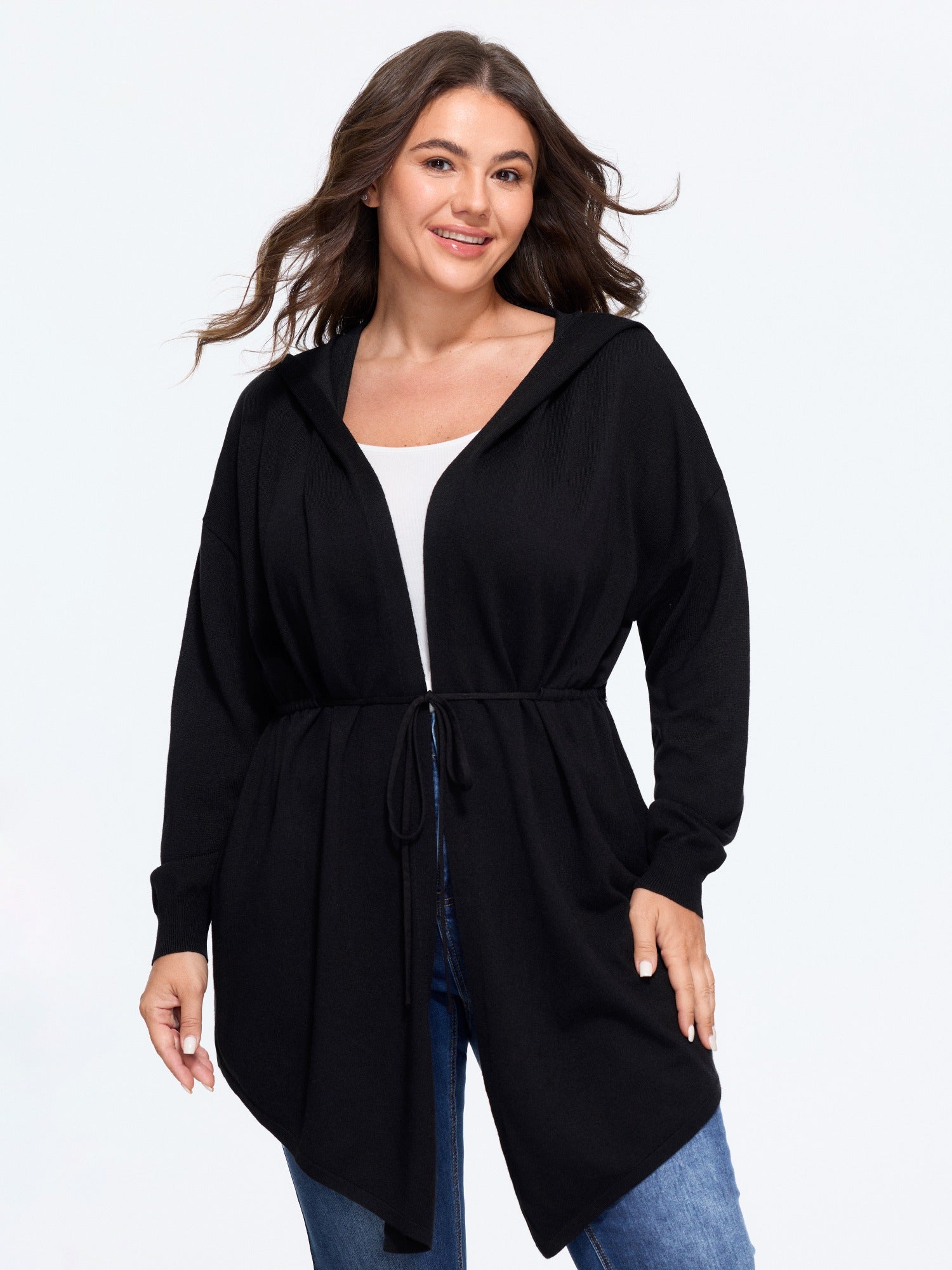 Drawstring Waist Asymmetric Hem Hooded Cardigan
