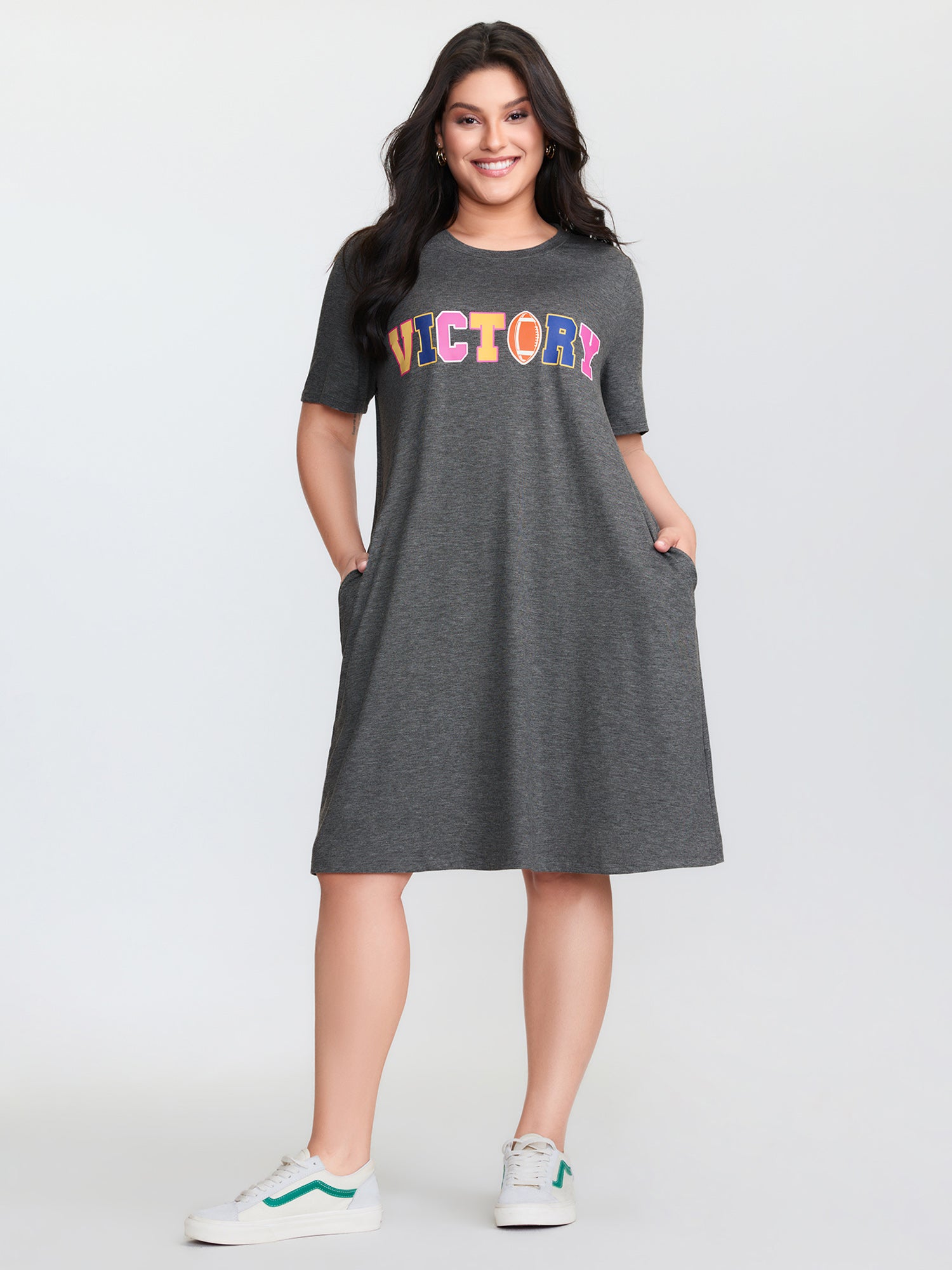 Victory Motif Round Neck Mini Dress