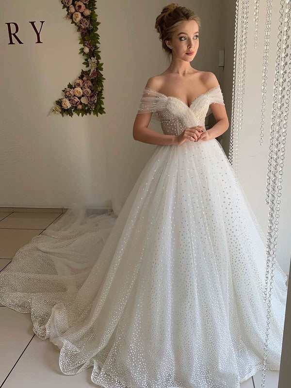 Elegant Cathedral Train Off-The-Shoulder V-Neck Ball Gown Lace Wedding Dresses with Beads