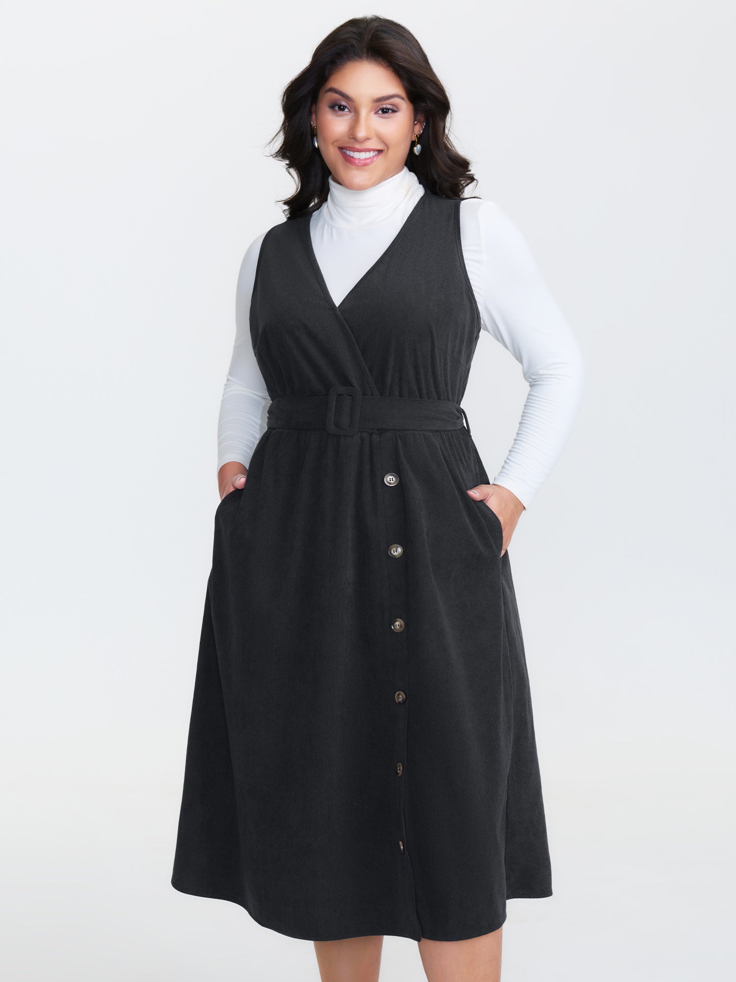 Corduroy Sleeveless Belted Side Midi Dress
