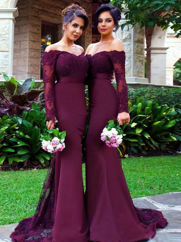 Stunning Trumpet Off-The-Shoulder Satin Lace Long Sleeves Bridesmaid Dresses with Sweep Train