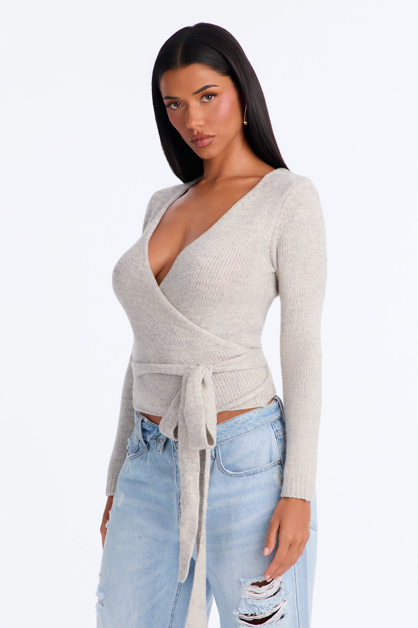 Sweetener Long Sleeve Surplice Wrap Cardigan - Heather Grey