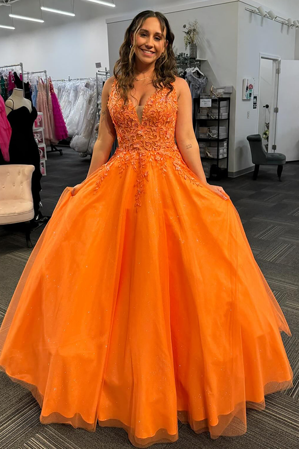 Long Orange Prom Dress with Appliques 鈥?Deep V-Neck Tulle Princess Style