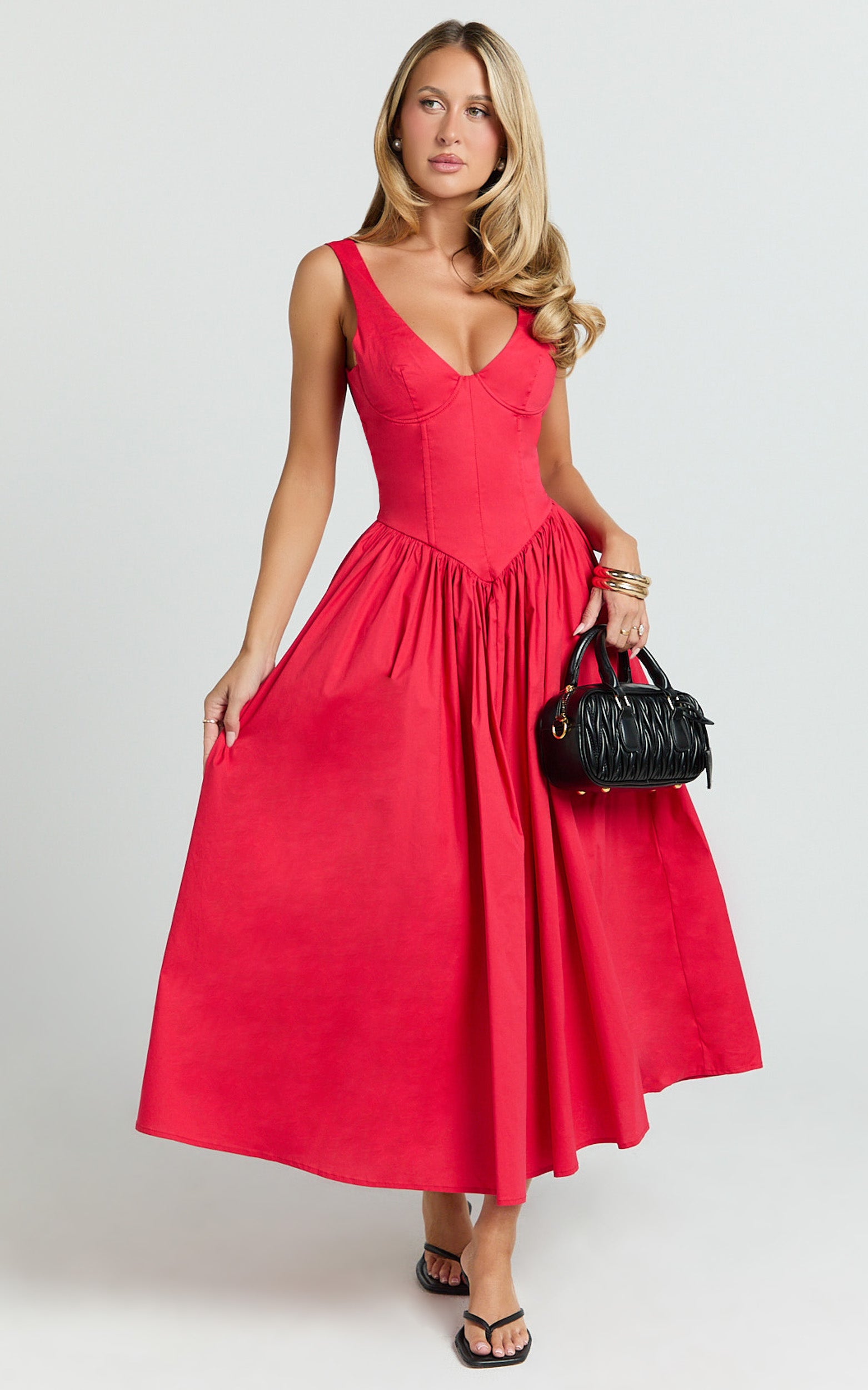 Beckett Midi Dress - Scoop Neck Drop V Waist Gathered Skirt Dress in Red