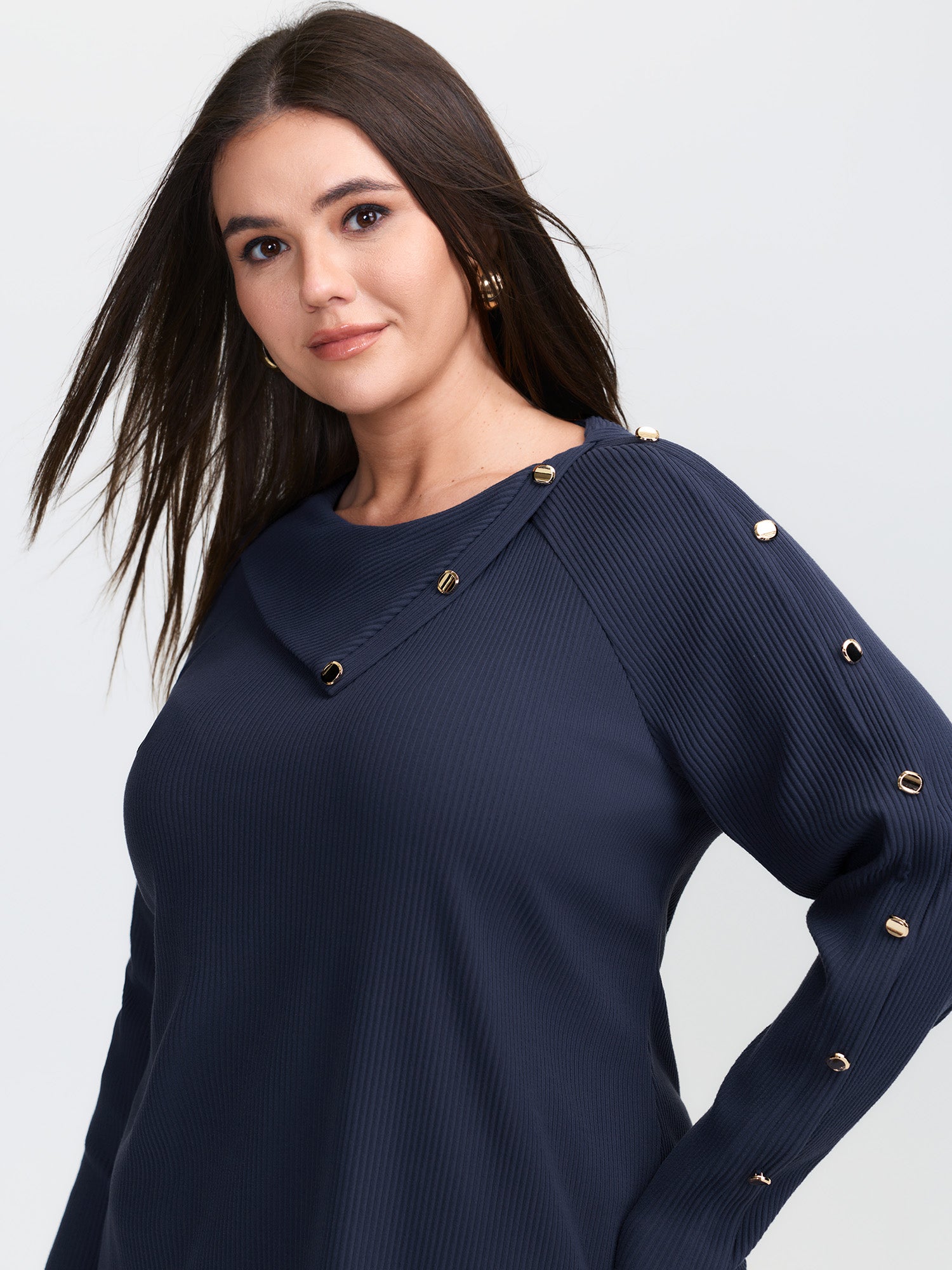 Velvet Ribbed Folded Neckline Button Knit Top