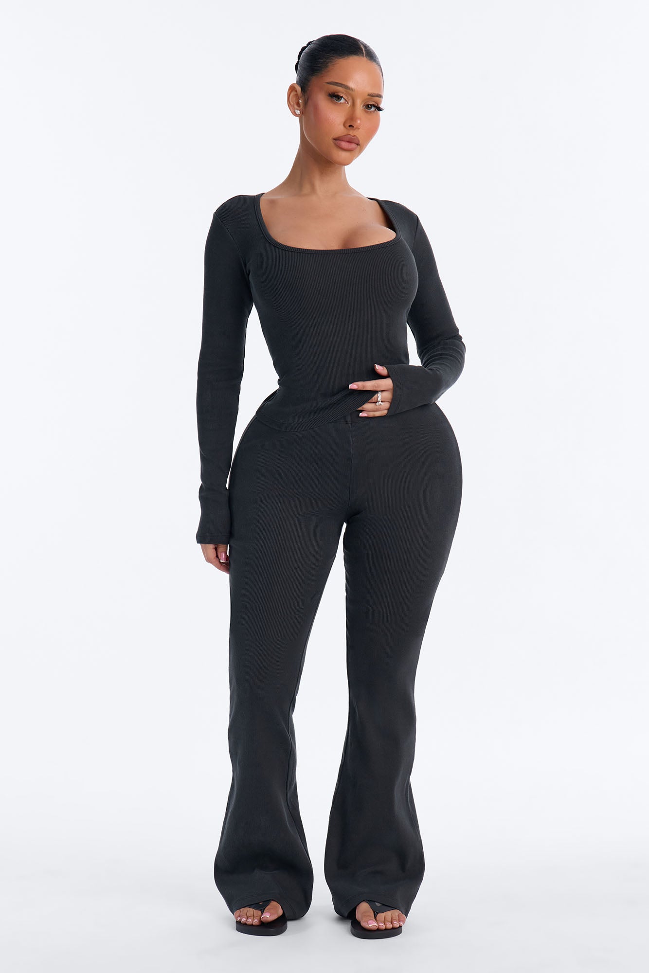 Tony Washed Ribbed Long Sleeve Flare Pant Set - Washed Black