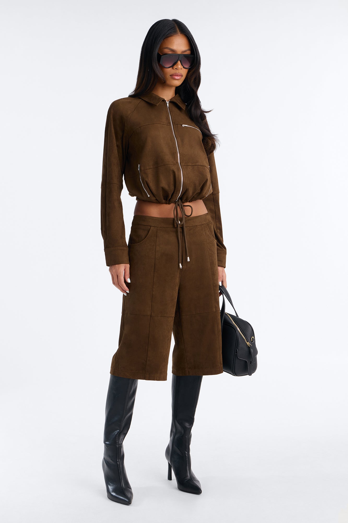 Brooke Faux Suede Bermuda Short Set - Brown