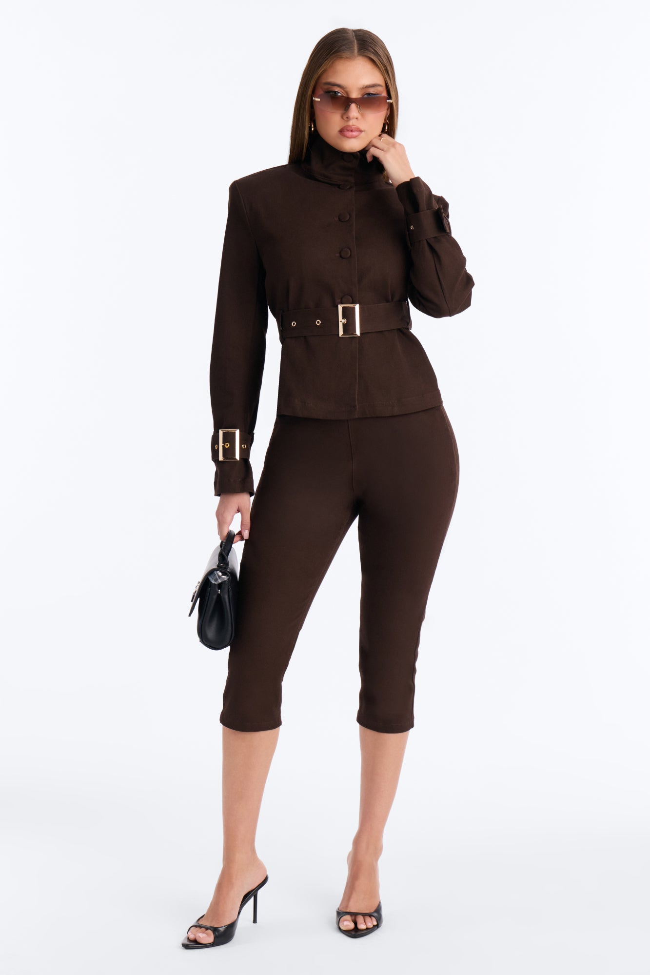 Jana Belted Twill Capri Pant Set - Chocolate