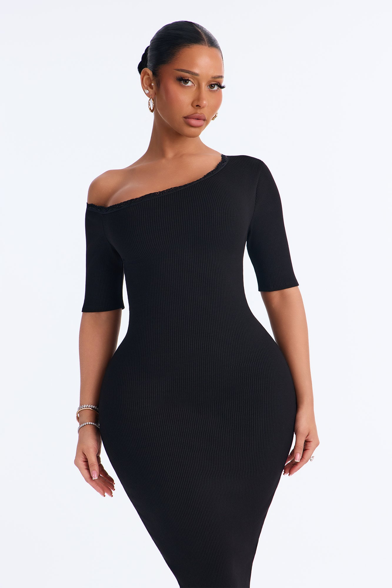 All Dolled Up Snatched Lace Trim Midi Dress - Black
