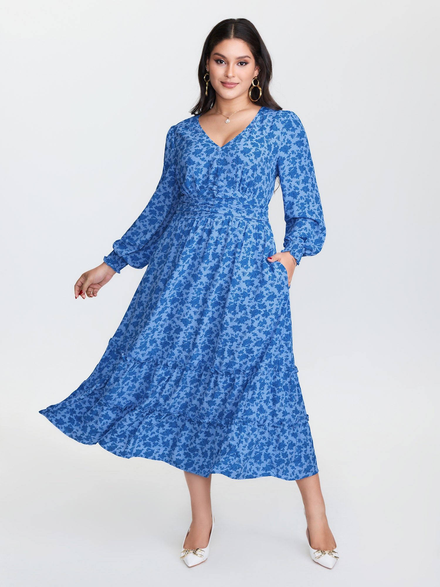 Floral Pleated Waist Button Ruffled Maxi Dress