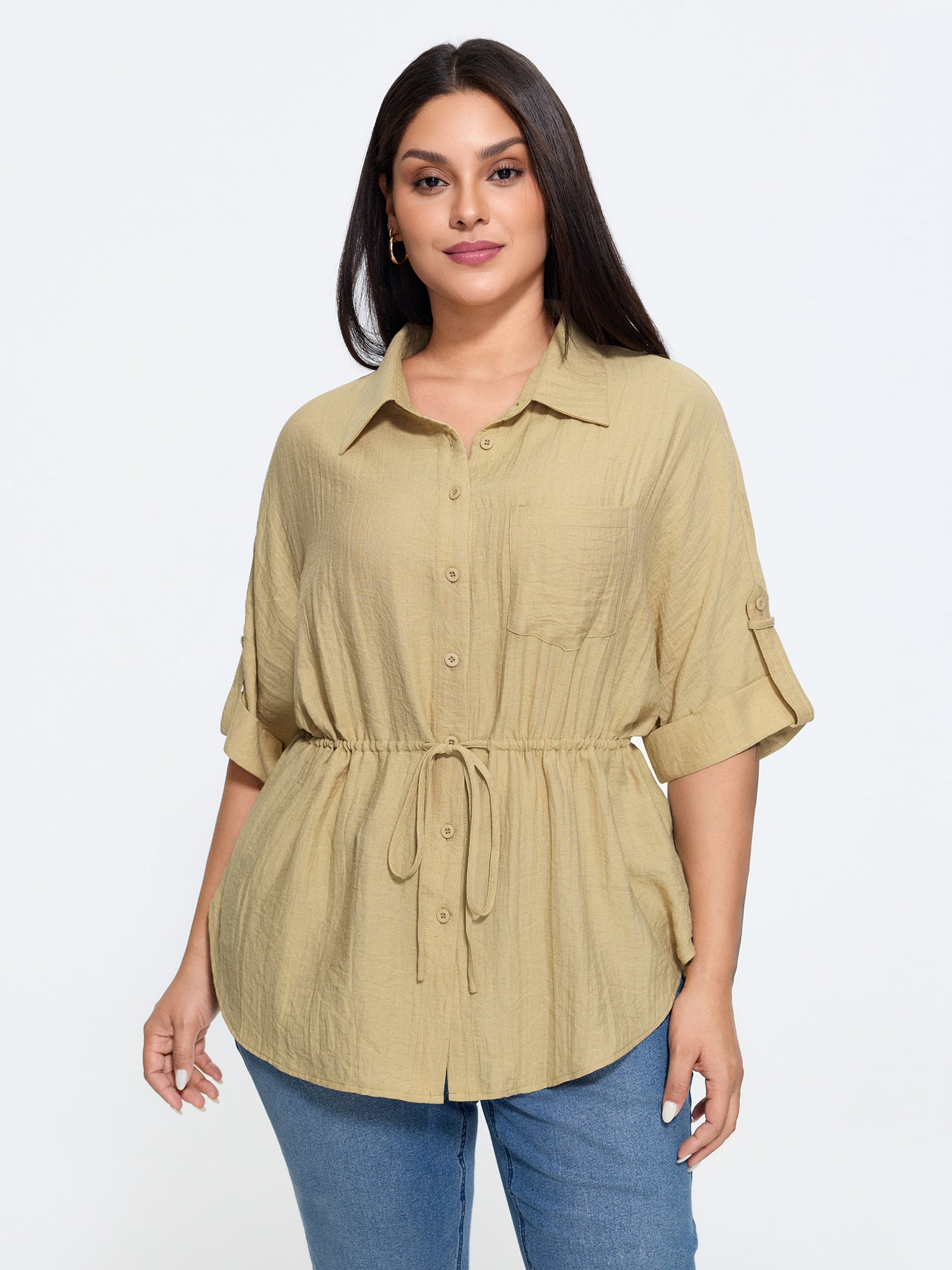 Roll Tab Sleeve Drawstring Waist Blouse